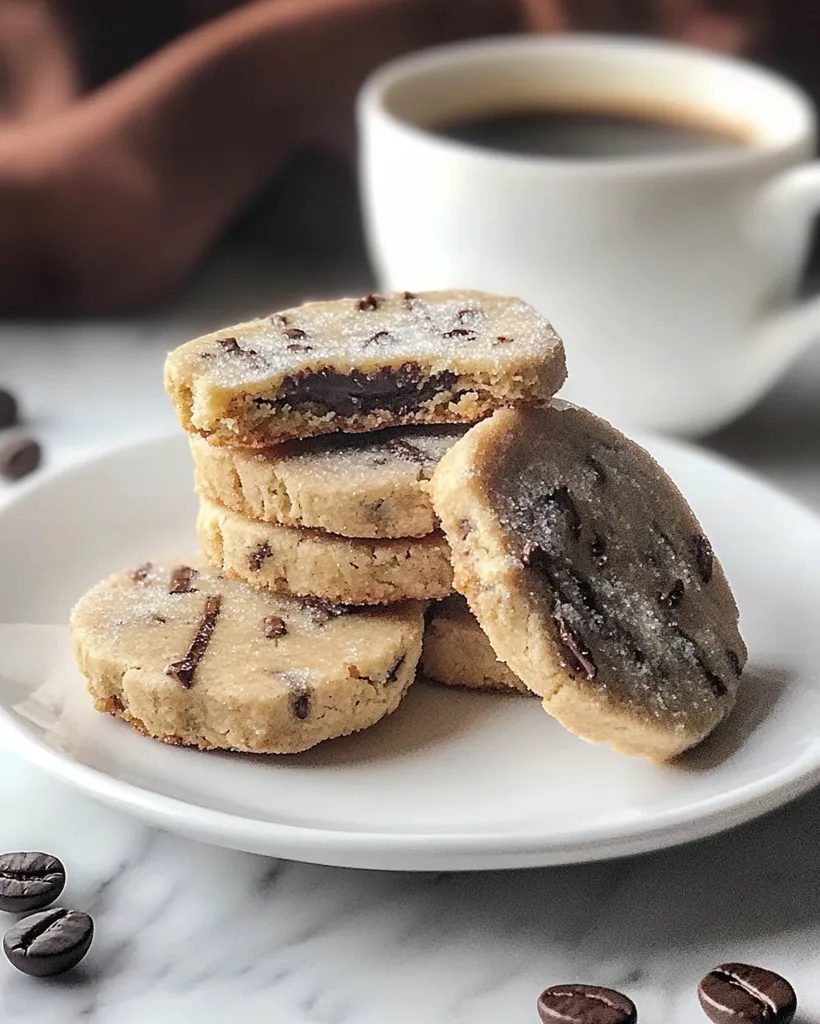 A stack of four shortbread cookies, dusted with sugar and filled with chocolate, are presented on a white plate. The cookies are slightly angled and appear to be soft and delicious.  There is a cup of coffee in the background and a few coffee beans are scattered on the table.