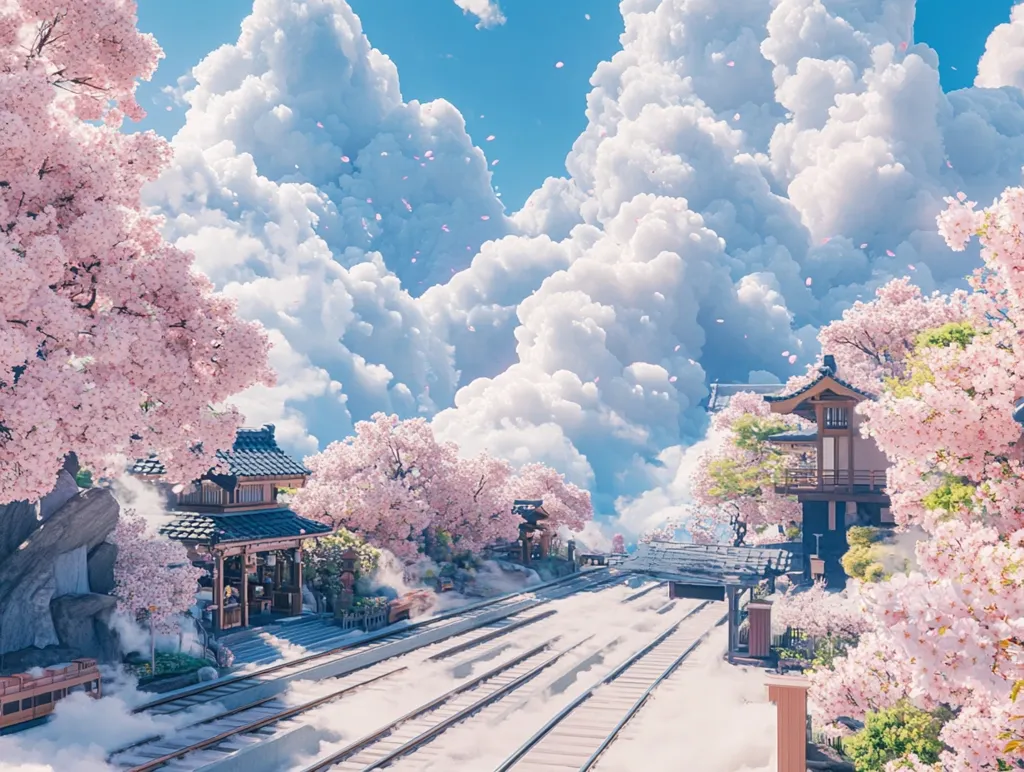 The image shows a beautiful, whimsical scene with a train track winding through a cherry blossom forest. The trees are in full bloom, their pink flowers cascading down in a soft, dreamy way. The sky is filled with fluffy white clouds and a few pink petals falling from the trees. The whole image has a magical, fairytale-like quality, with the  cherry blossoms, fluffy clouds, and the steam rising from the track creating a sense of wonder and enchantment.