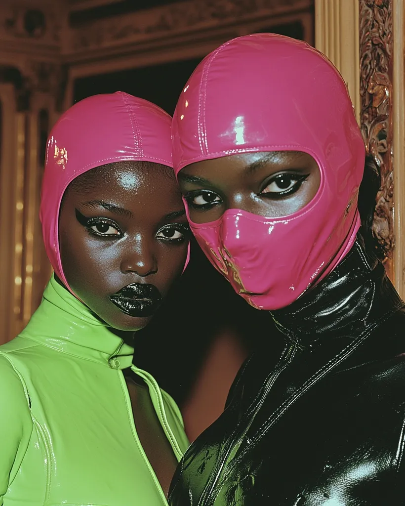 Two Black women, wearing bright pink latex ski masks and matching outfits, stand close together. One woman is wearing a green, shiny suit. The other woman is wearing a black, leather suit. They both have intense eye makeup and are looking at the camera with serious expressions. The backdrop is a blurry, dark scene.  Their outfits and poses create a striking and mysterious image.