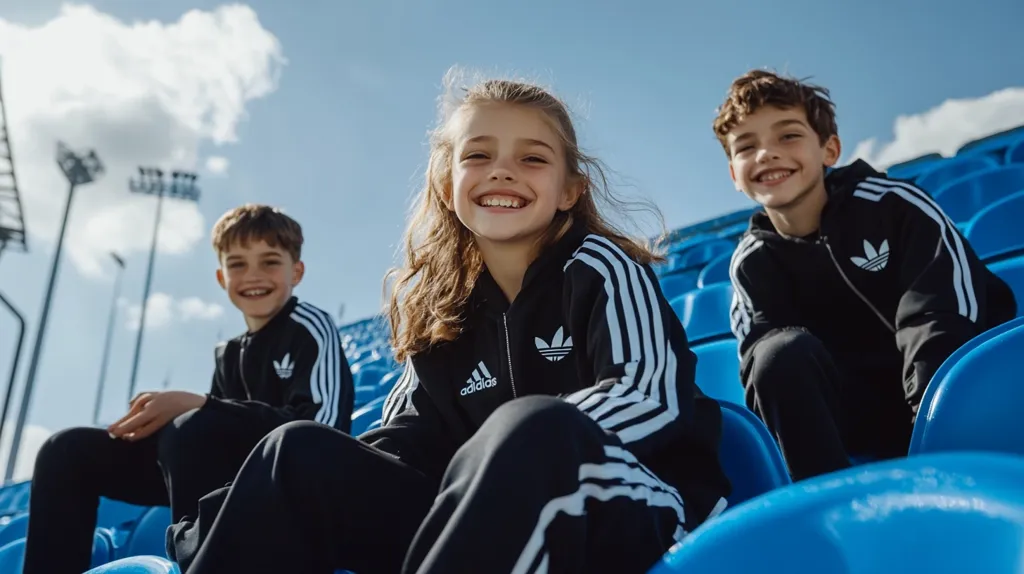 Three young people are sitting in blue stadium seats. They are all wearing black Adidas tracksuits with white stripes. They are smiling and looking at the camera. The sky is blue and there are white clouds. There are also some light poles in the background.