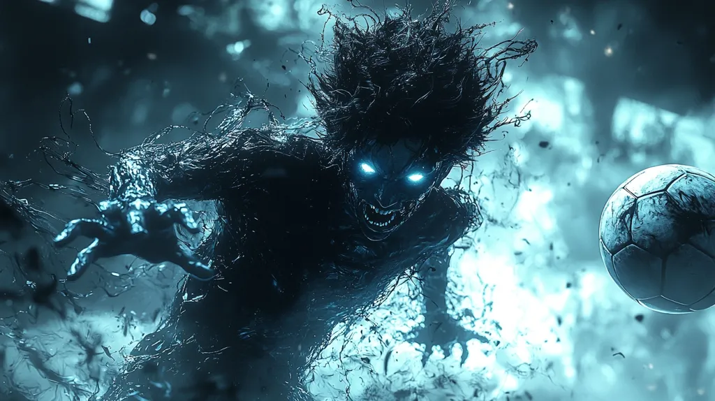 A shadowy, monstrous figure with glowing eyes lunges towards the viewer, its form made of swirling, dark liquid. The creature’s mouth is open in a ferocious snarl. A soccer ball, also seemingly made of dark liquid, flies in the opposite direction. The background is a swirling mass of blue and white. The image is dark and eerie, evoking a sense of horror and danger.