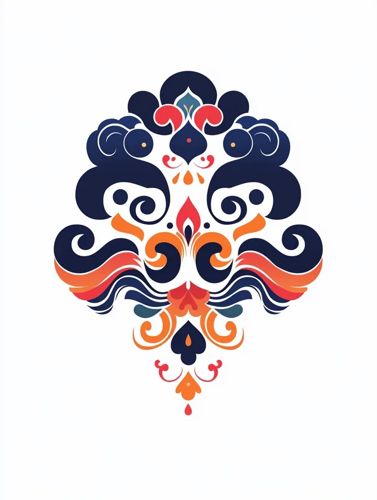 The image shows a colorful, intricate floral design. It features a central motif with a symmetrical structure. The design is dominated by navy blue, orange, red, and white colors, creating a vibrant and eye-catching pattern. The swirls and curves of the floral elements add a sense of movement and energy to the design. The white background provides a crisp and clean backdrop for the elaborate floral arrangement.