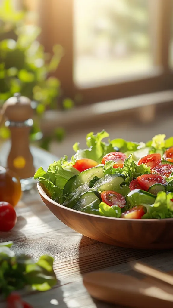 A wooden bowl filled with a fresh salad of green lettuce, sliced cucumbers, cherry tomatoes, and a sprinkling of salt sits on a wooden table. The salad is bathed in warm, natural light streaming in from a nearby window.  The scene is simple, yet inviting and evokes a sense of healthy eating and natural beauty.