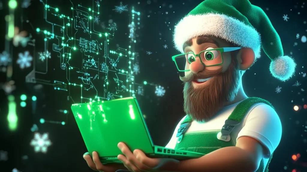 A cartoon character wearing a Santa hat and green overalls is smiling and looking at a green laptop. He is surrounded by a glowing green circuit board pattern and snowflakes.  The character appears to be enjoying the holiday season.