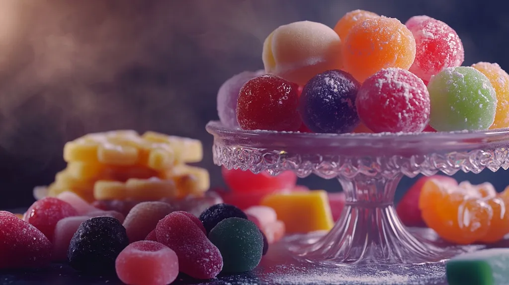 A glass cake stand holds a colorful assortment of jelly candies, dusted with powdered sugar. The candies are arranged in a haphazard pile, with some spilling over the edge of the stand. The background is blurred, creating a soft and dreamy effect.