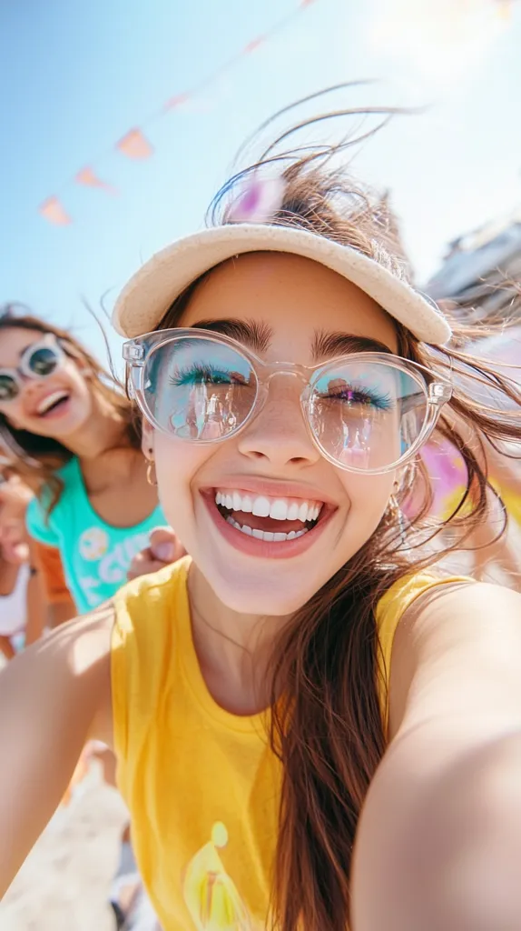 A young woman with long brown hair is wearing a white visor and clear framed glasses. She is smiling broadly and her white teeth are visible. She is wearing a yellow tank top. The photo is a close-up, taken from a low angle, as if she is taking a selfie. The background is blurry, with a hint of a blue sky. The woman appears happy and carefree.