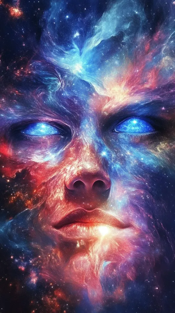 A cosmic portrait of a face, its features formed by swirling nebulas and glittering stars. The face is composed of vibrant blues, reds, and oranges, resembling the celestial tapestry of the universe. The eyes, particularly prominent, are a piercing blue, filled with cosmic light. The overall image evokes a sense of wonder and awe, suggesting a connection between humanity and the cosmos.