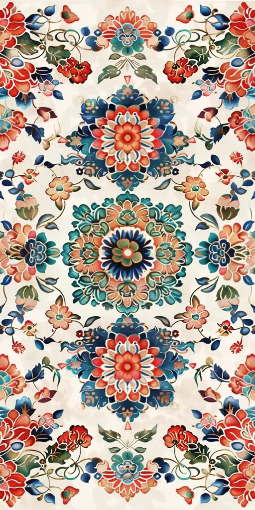 The image is a vibrant, symmetrical floral pattern. It features large, intricate flowers with swirling petals in shades of blue, red, and orange. Smaller flowers and leaves fill the spaces in between the larger blooms, creating a dense and textured background. The overall design is bold and eye-catching, and it evokes a sense of traditional Asian artistry.