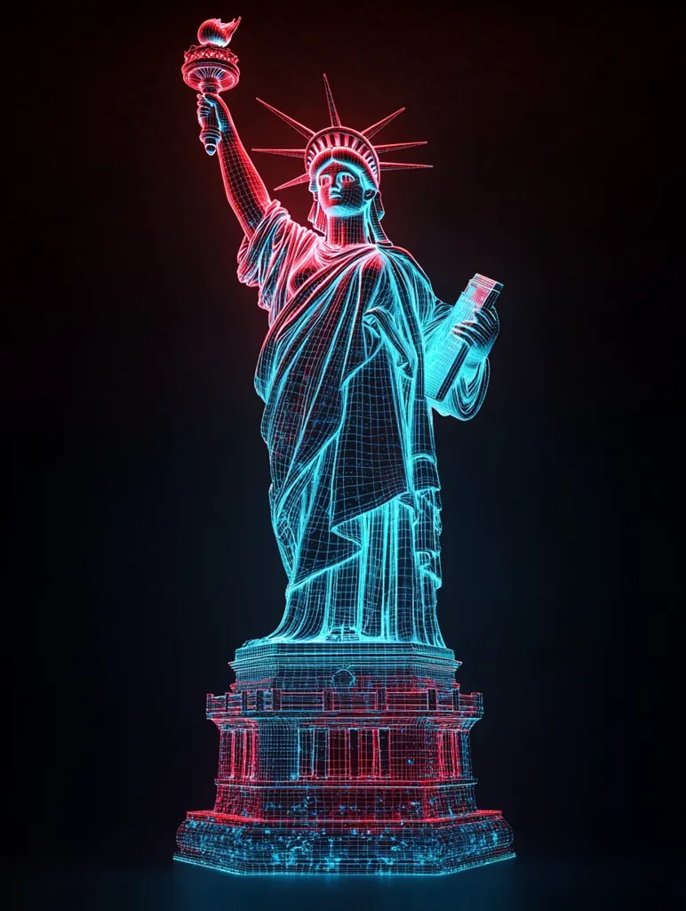 The Statue of Liberty is depicted as a glowing wireframe against a dark background. The structure is illuminated in red and blue, creating a vibrant and futuristic aesthetic. The statue's iconic torch is raised high, while its face and body are outlined in intricate detail. The base of the statue is also visible, showcasing the complex architectural design.