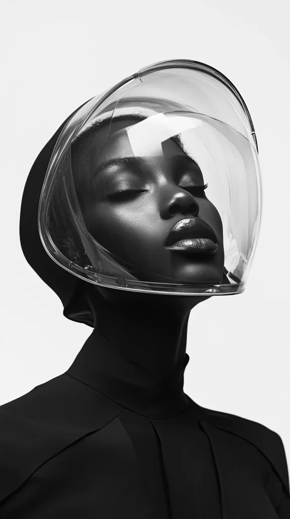 A woman with dark skin and short, dark hair wears a black turtleneck and a transparent, helmet-like headpiece. The helmet is large and rounded, with a clear dome that covers her entire head. She has her eyes closed and her lips are slightly parted. The image is in black and white, creating a stark and futuristic contrast.