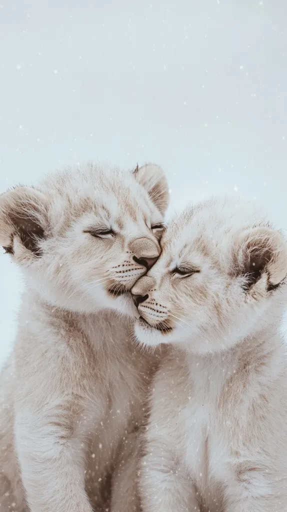 Two white lion cubs are nuzzling each other in a snowy environment. The cubs' fur is soft and fluffy, and their eyes are closed as they enjoy the moment. The snow falls gently around them, creating a peaceful and serene atmosphere. The image captures the bond and affection between these two young animals.