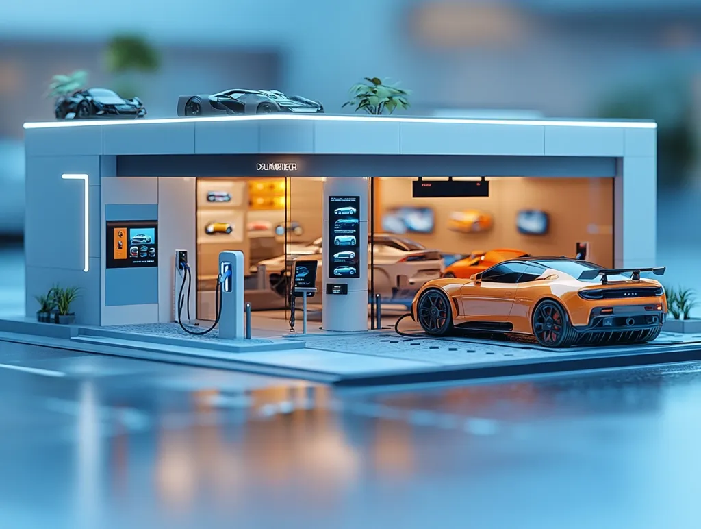 A futuristic, miniature model of an electric vehicle charging station. It has a sleek white exterior with a large window revealing a bright interior. There's a charging station in the foreground, and a bright orange electric sports car parked inside. There are other cars, and a small palm tree outside.  The model is sitting on a reflective blue surface.  The station is labeled "DAL MOTORTEK".  This appears to be a high-quality, detailed miniature representation of a modern electric vehicle charging station.