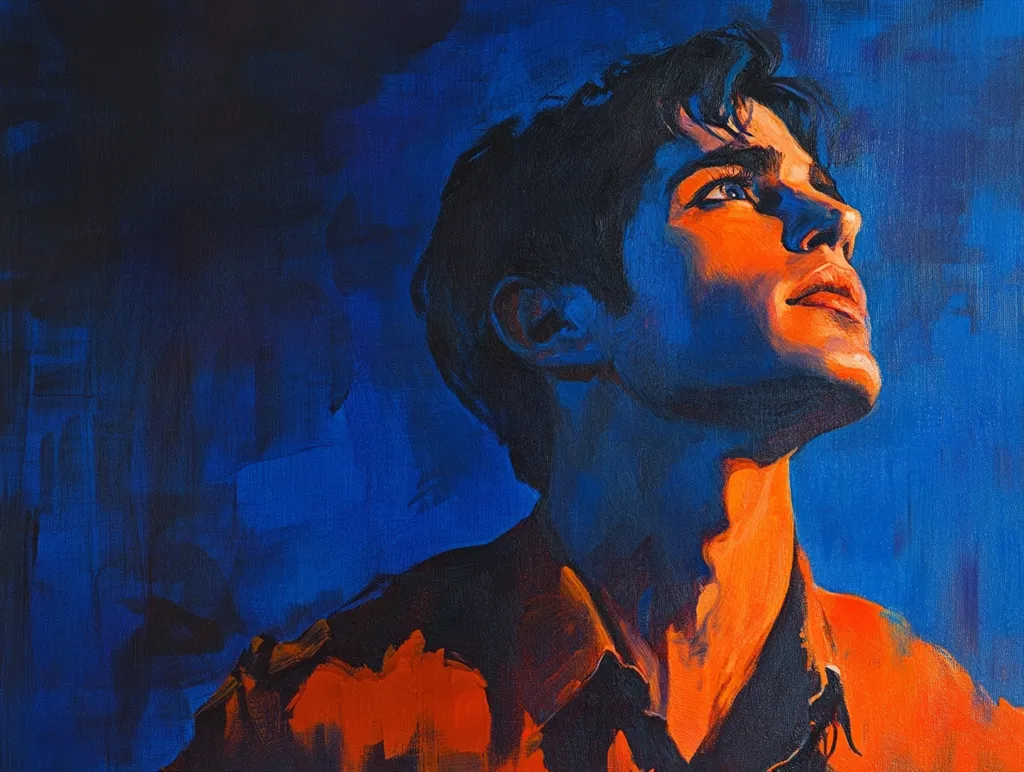 The painting depicts a young man with dark hair and an orange shirt, looking upwards against a bright blue background. The use of bold colors and contrasting light and shadow creates a dramatic and emotional atmosphere.  The man's expression suggests contemplation or longing, emphasizing a sense of introspection.  The rough brushstrokes add texture and depth to the painting.