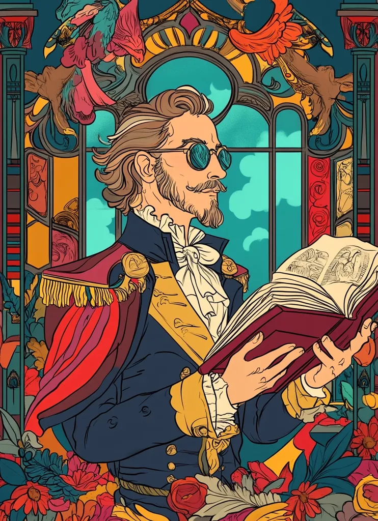 The image depicts a man in a navy blue and gold uniform with a red and gold cape. He is standing in front of a stained glass window, holding an open book. The man has a beard and mustache and is wearing sunglasses. The background is filled with colorful flowers and foliage. The overall style of the image is whimsical and dramatic.  The vibrant colors and ornate details create a sense of grandeur. The man's pose suggests importance and knowledge.  The flowers in the background evoke a sense of beauty and nature.  The image suggests a sense of wonder and mystery.
