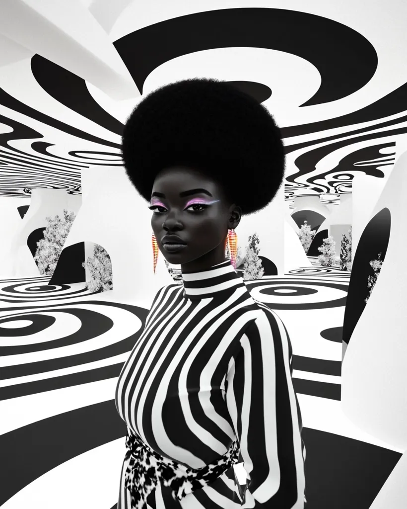 A Black woman with a large afro and bold makeup stands in a surreal black and white room. She wears a striped black and white dress with a contrasting animal print belt. The room features black and white swirling patterns on the walls and floor, creating a hypnotic effect. The image exudes an air of mystery and style.