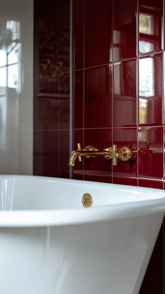 A white bathtub sits against a wall of deep red tiles, reflecting light from a window. A shiny gold faucet with a cross-shaped handle is mounted on the wall. The bathtub has a gold drain cover and is partially filled with water. The bathroom has a modern and luxurious feel.