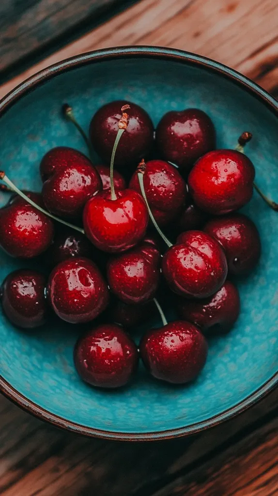 A close-up shot of a bowl filled with ripe red cherries. The cherries are arranged in a random pattern and some of their stems are visible. The bowl is a deep teal blue and has a brown rim. The bowl is resting on a wooden surface.