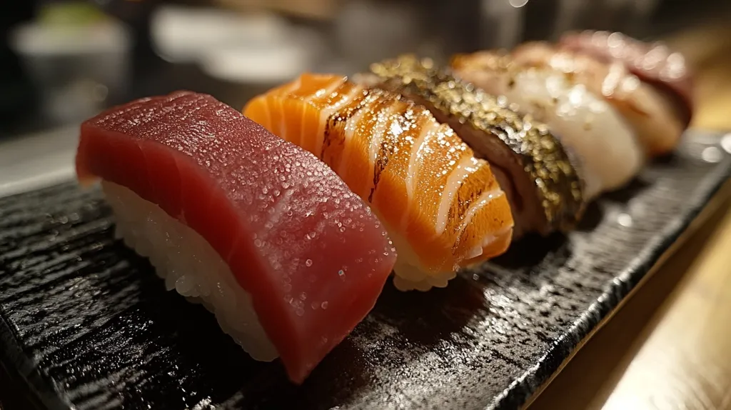 A close-up shot of a plate of sushi. The plate is black with a textured surface. There are five pieces of sushi on the plate, with a variety of fish, including tuna, salmon, and mackerel. The sushi is arranged in a row, with the tuna sushi being the closest to the camera. The image is captured in a low-light environment, with the focus being on the sushi.