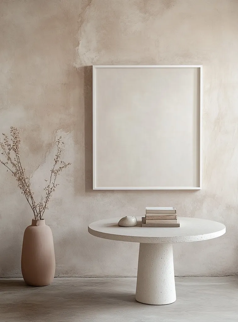 A minimalist interior with a white framed picture hanging on a textured beige wall. A round, white table with a thick, pedestal base stands in the foreground. A stack of books and a small ceramic object rest on the table. A large, beige vase with dried branches sits on the floor. The room is airy and calm.