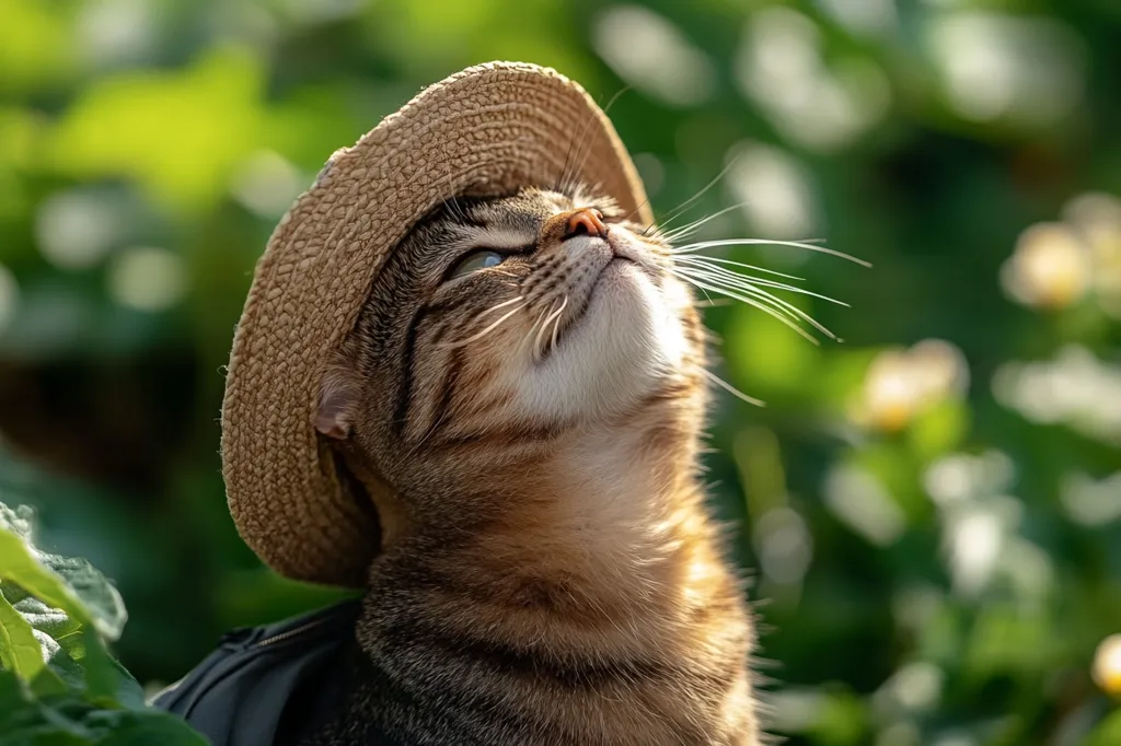 A tabby cat wearing a straw hat looks up towards the sky with its mouth slightly open. It is in a garden setting and the image is focused on the cat's face. The cat is looking upwards with a relaxed and peaceful expression. The background is out of focus with a soft green and white bokeh effect.