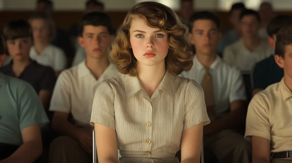 A young woman with long blonde hair, wearing a beige collared dress, sits among a group of young people in a classroom. She looks directly at the camera with a serious expression, while the others are out of focus and facing forward. The image has a vintage aesthetic, suggesting a historical setting. The woman's attire and the surrounding students, along with the overall composition, hint at a scene from a film or a staged photograph.
