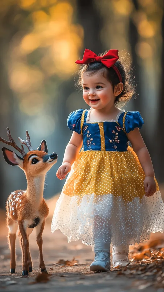 A young girl in a Snow White costume smiles as she walks through a forest. She is wearing a blue and yellow dress with a red bow in her hair. She has a fawn at her side. The girl's expression is full of joy and wonder, and the fawn looks up at her with curiosity. The scene is filled with a sense of innocence and magic.
