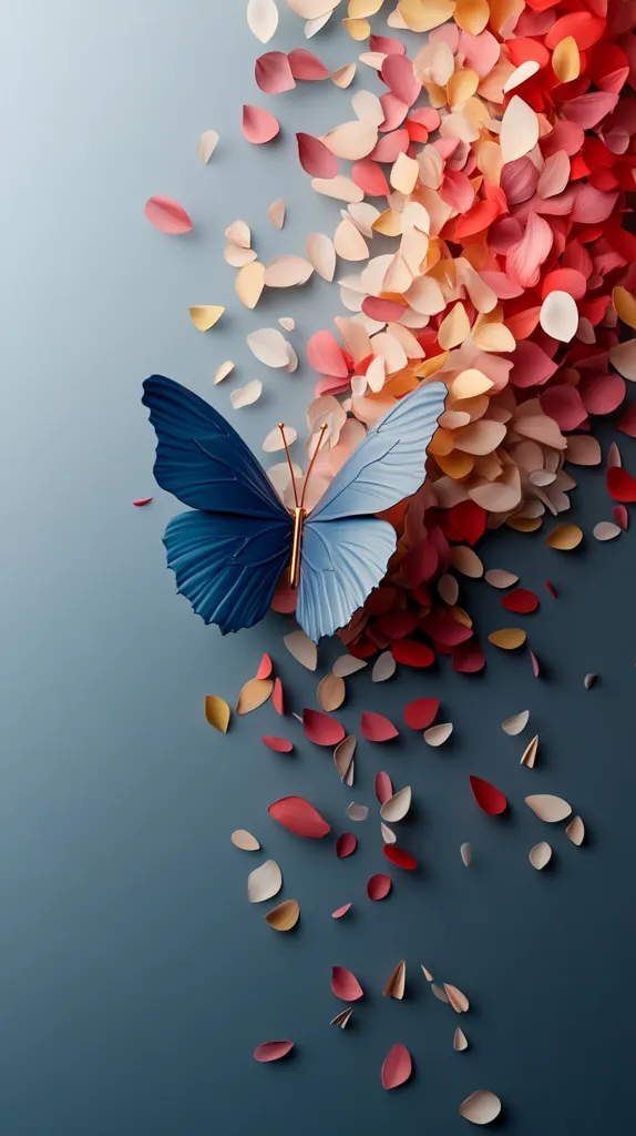A vibrant blue butterfly with gold accents sits atop a cascade of pink, red, and cream paper petals. The petals fall in a graceful arc against a solid blue background, creating a delicate and whimsical scene. The image captures the beauty of nature and the artistry of paper crafting.