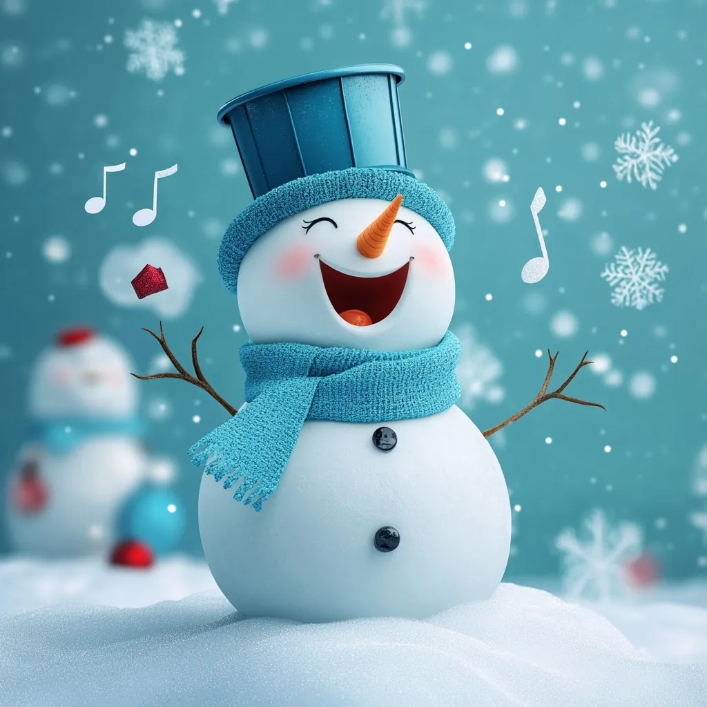 A cheerful snowman with a blue hat, scarf, and carrot nose is singing in the snow. He has a wide, toothy grin, and musical notes float around him.  The snowman is standing in a snowy landscape with a blue background, with snowflakes falling around him. A second, smaller snowman can be seen in the background.  The image has a whimsical and festive atmosphere.