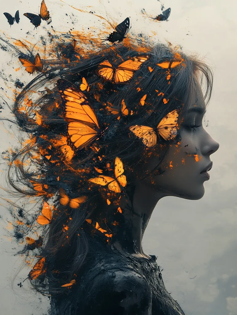 The image portrays a woman with long, dark hair, her face partially obscured by a swarm of vibrant orange butterflies. The butterflies appear to be emerging from her hair, creating a mesmerizing and surreal effect. The woman's expression is serene and contemplative, suggesting a connection to the natural world. The background is a muted gray, emphasizing the contrast between the woman and the butterflies. The overall mood is one of ethereal beauty and delicate transformation.