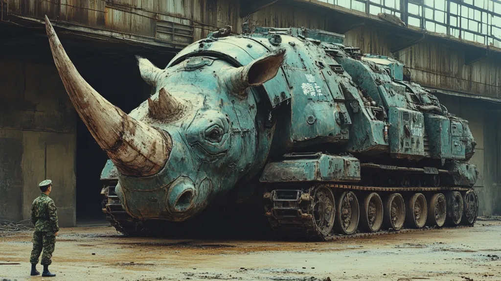 A large, green, rhino-shaped military vehicle stands in front of a dilapidated warehouse. The vehicle has a long horn, multiple wheels, and appears to be heavily armored. A soldier in camouflage stands before the vehicle, looking up in awe. The scene is gritty and realistic, with a sense of post-apocalyptic desolation.