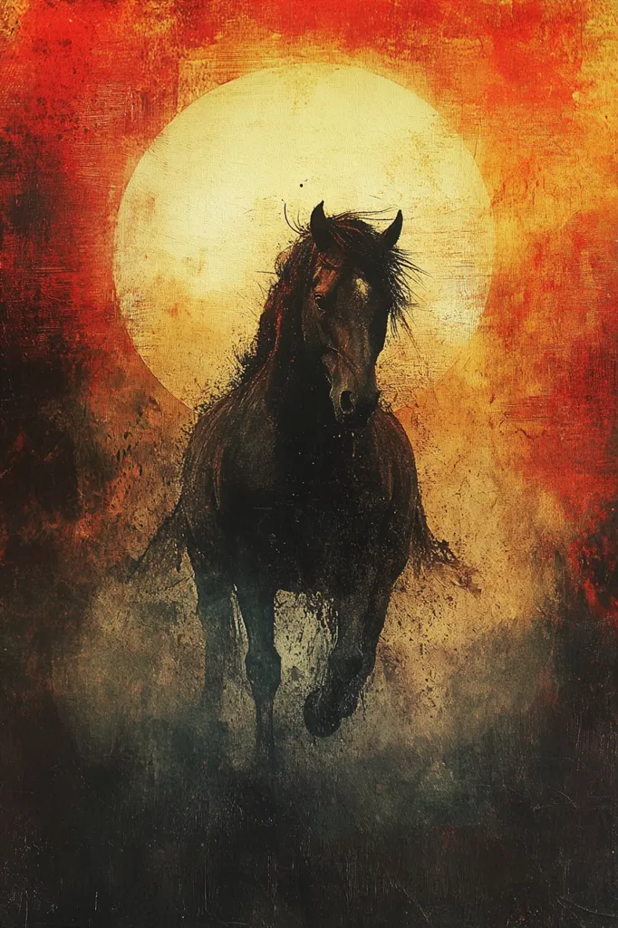 The image is a painting of a black horse running towards the viewer. The horse is silhouetted against a large, yellow moon, set against a fiery red and orange background. The painting is done in a painterly style, with visible brushstrokes and a textured background. The overall effect is one of power, movement, and a sense of drama.  The horse's mane and tail blur, as if caught in a rushing wind. The painting is a study in light and shadow, with the horse's dark form standing out sharply against the bright background.