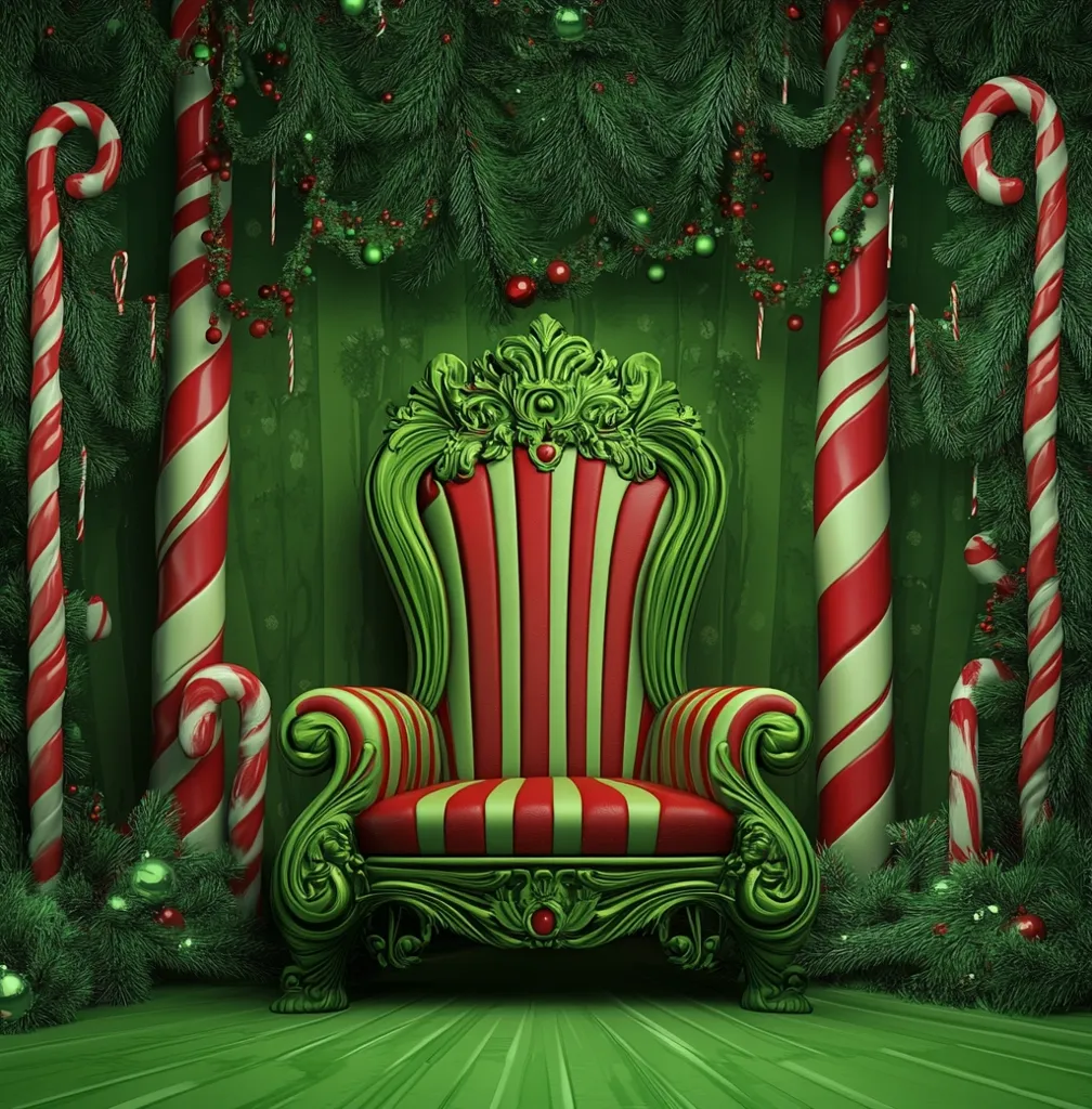 A red and green striped armchair sits in a festive setting with a green and red striped background. Two large candy canes stand on either side of the chair. The background is decorated with evergreen branches and Christmas lights. The scene is magical and whimsical, perfect for a Christmas setting.