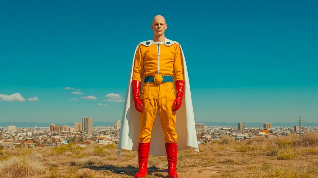 A man dressed as Saitama from the anime series "One Punch Man" stands against a backdrop of a city skyline. He is wearing the iconic yellow jumpsuit, red gloves, and white cape. The sky is a vibrant blue, and the city is visible in the distance.  The man has a serious expression on his face, suggesting that he is ready to face any challenge.  The scene is reminiscent of the anime's hero, Saitama, who can defeat any opponent with a single punch.