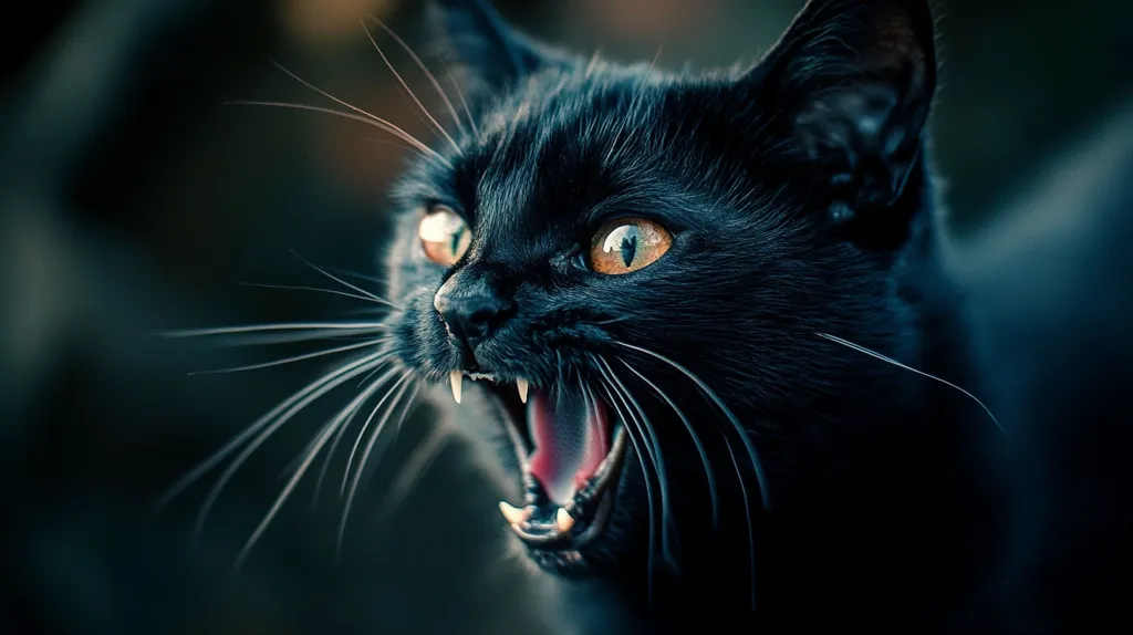 A black cat with piercing yellow eyes stares directly at the camera with its mouth open, showing sharp teeth. Its long whiskers are visible in the foreground, and the dark background highlights the intensity of its gaze. The image captures the fierce, predatory nature of a feline.