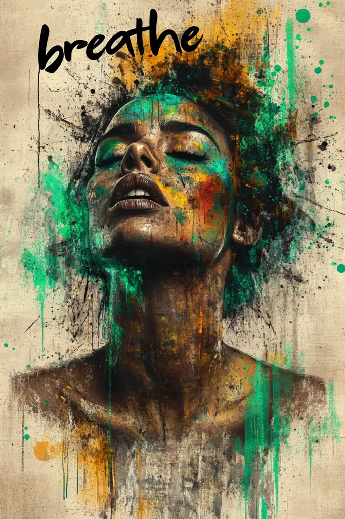 The image is a painting of a woman's face with her eyes closed and mouth slightly open. Her face is covered in bright splashes of paint, primarily green, yellow, and red. The background is a textured canvas with splashes of paint in similar colours, creating a dynamic and chaotic atmosphere. The word "breathe" is written in bold black lettering at the top of the image, adding a layer of meaning and emotion to the piece.  The overall effect is one of intense emotion and beauty, with the woman's expression suggesting a moment of deep contemplation or release.