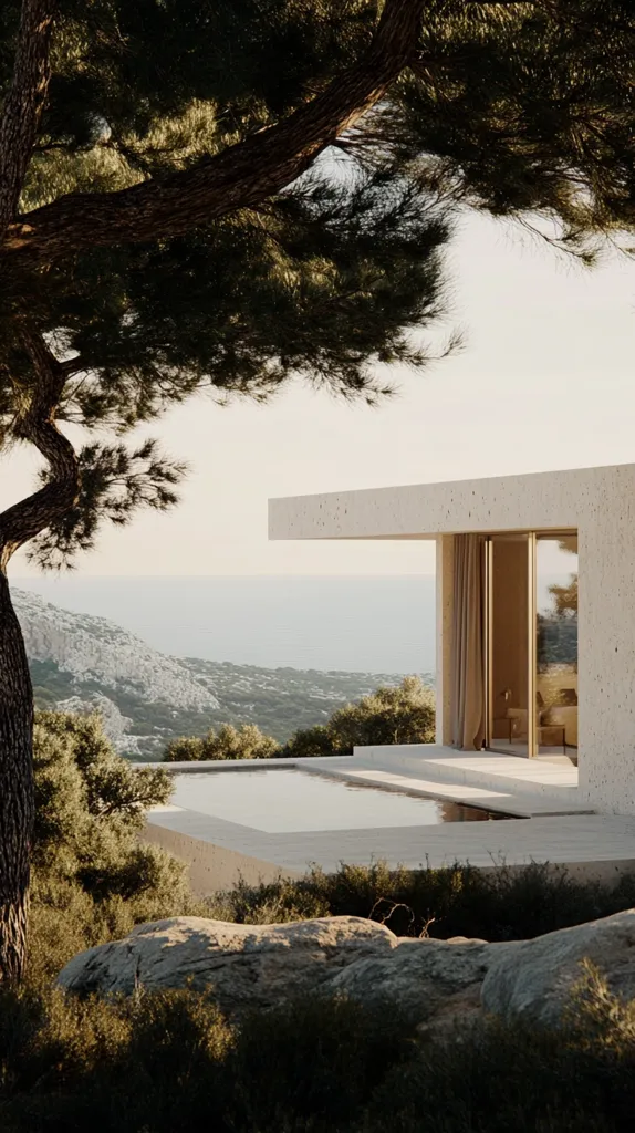 The image shows a modern, minimalist house with a large window overlooking a scenic view. The house has a sleek, concrete exterior and a swimming pool. A large tree frames the scene in the foreground. The house is located on a hilltop with lush vegetation, offering a peaceful and secluded setting. The light is soft and warm, creating a tranquil atmosphere.