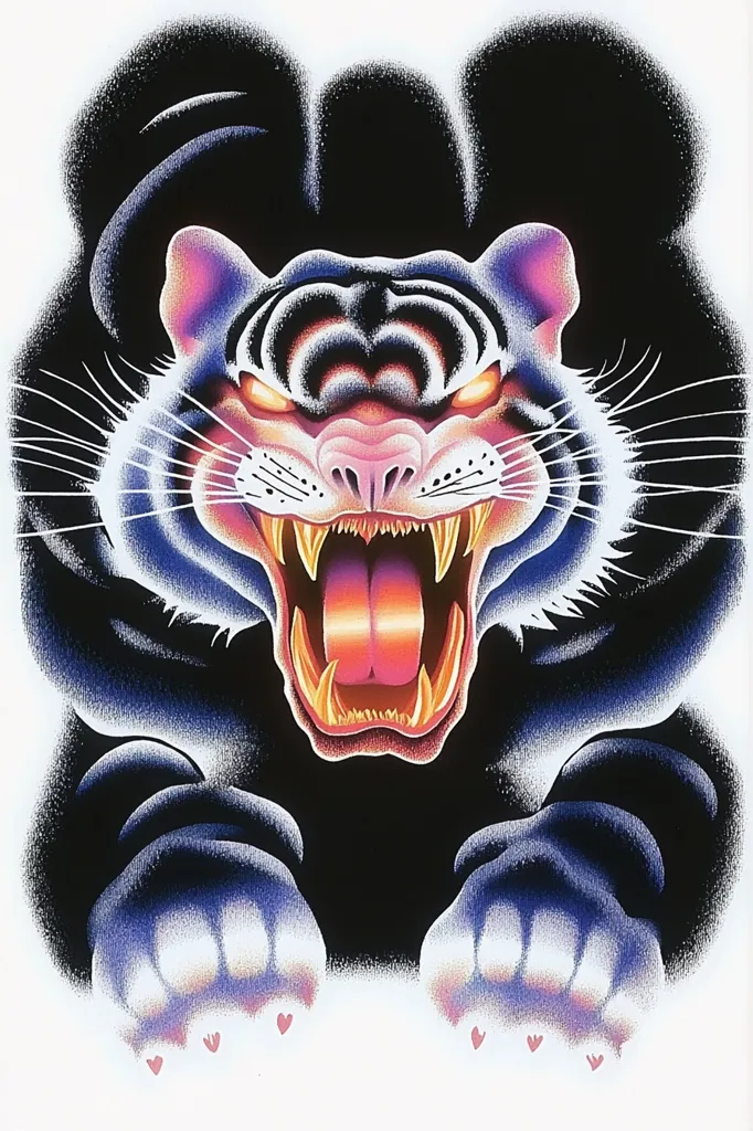 A fierce black tiger with bright white stripes and glowing orange eyes roars with its mouth wide open, revealing sharp fangs. The tiger's paws are outstretched towards the viewer. The background is a dark, textured black. The image is a vivid and dynamic portrayal of a powerful and dangerous animal.