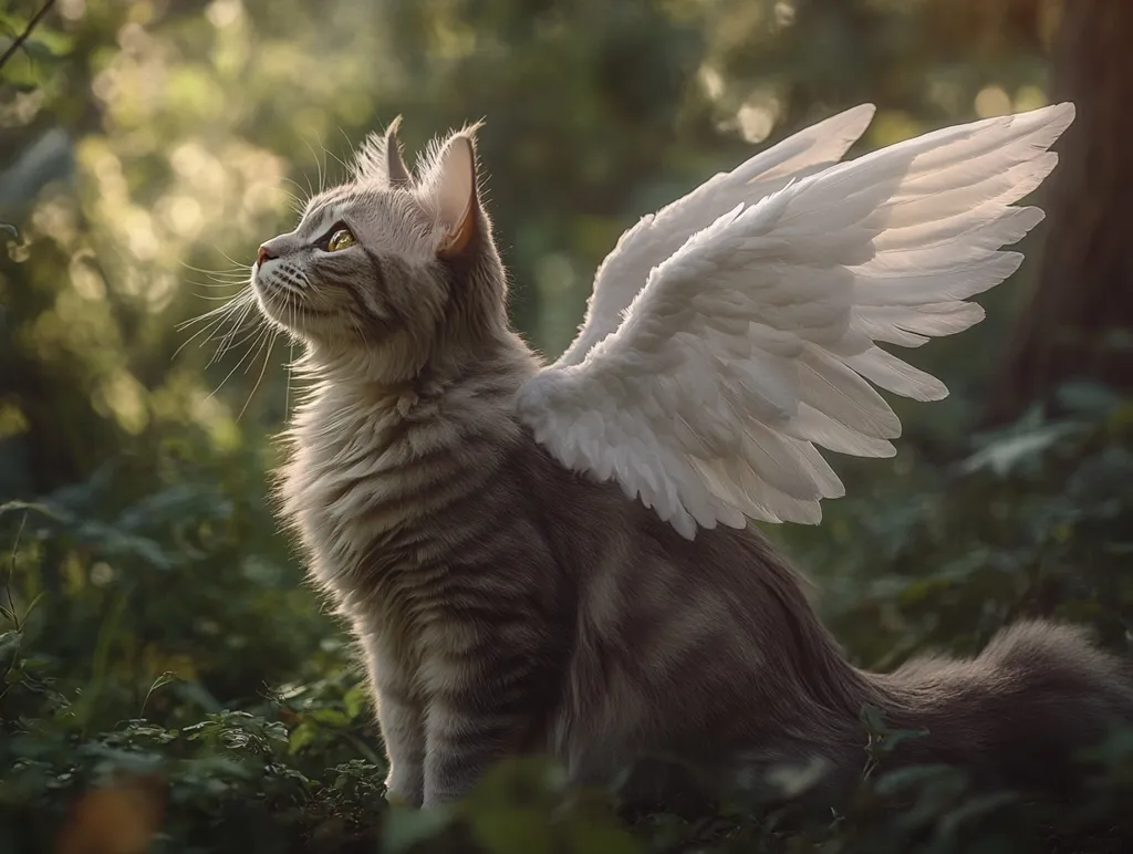 A grey cat with large, white, feathery wings is perched on a bed of green foliage. The cat's head is tilted up, looking towards the sky, bathed in the soft, golden glow of the setting sun. The wings are spread wide, as if the cat is about to take flight, creating a magical and whimsical scene. The background is blurred, with the focus on the cat and its wings, drawing the viewer's attention to the ethereal beauty of the moment.