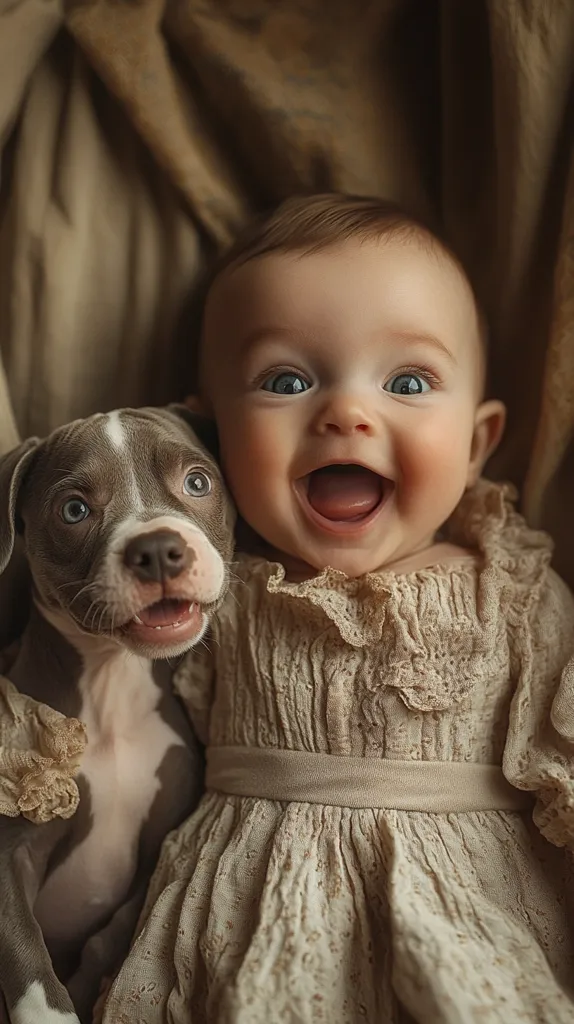 A baby girl with bright blue eyes and a wide, toothy smile is sitting with a brown and white puppy. They are both dressed in beige and brown tones. The girl is wearing a lace dress and the puppy is looking up at the camera. The scene is warm and inviting.