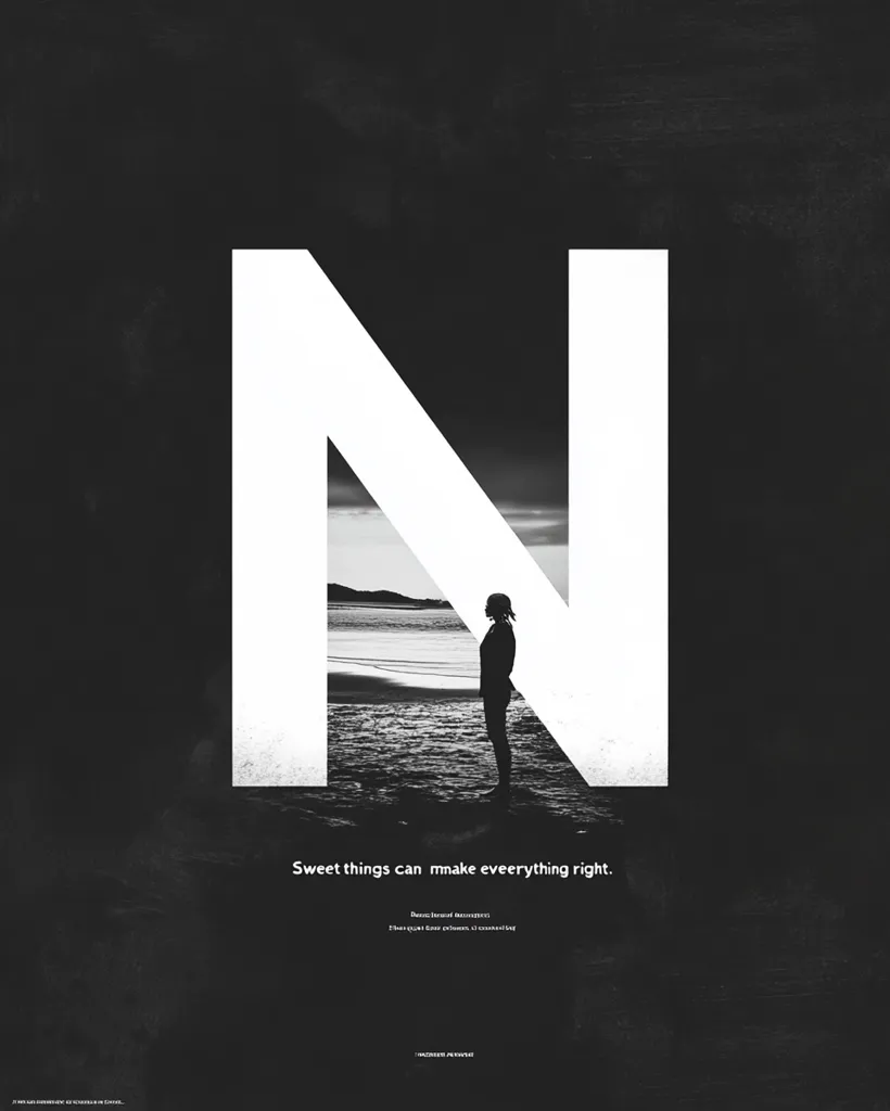 The image is a minimalist design featuring a large white letter "N" against a dark background. The "N" is partially filled with a black and white photograph of a person standing on a beach looking out towards the ocean. The text "Sweet things can make everything right" is displayed below the letter. The overall tone of the image is introspective and contemplative.