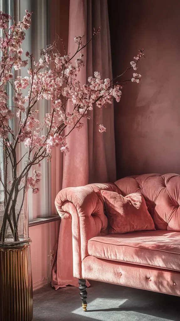 A plush pink velvet sofa sits in a room bathed in soft pink light. A large bouquet of delicate pink blossoms in a gold vase stands beside a sheer window.  Pink curtains frame the scene, adding to the romantic ambiance. The image evokes a sense of serenity and tranquility.