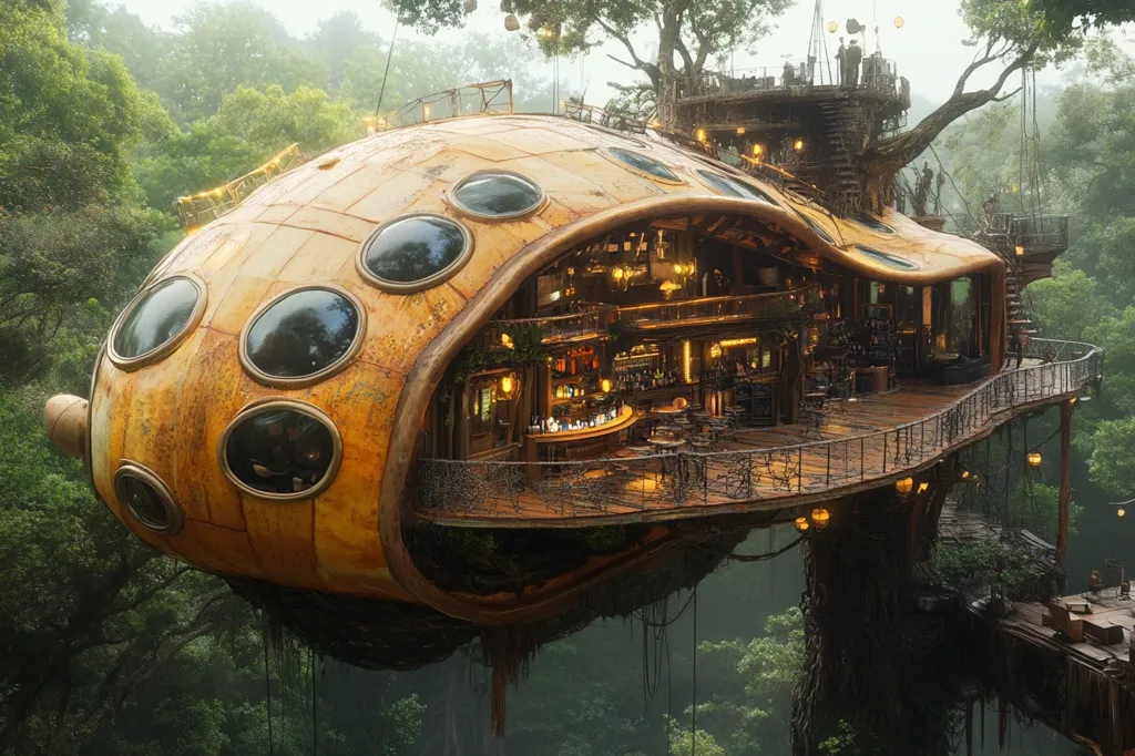 A futuristic treehouse is built into the canopy of a large, ancient tree. It has a large, yellow, rounded section with many large porthole windows, connected to the trunk by multiple bridges and platforms. It has a bar, tables and chairs, and many lights. The whole scene is a whimsical blend of nature and technology.