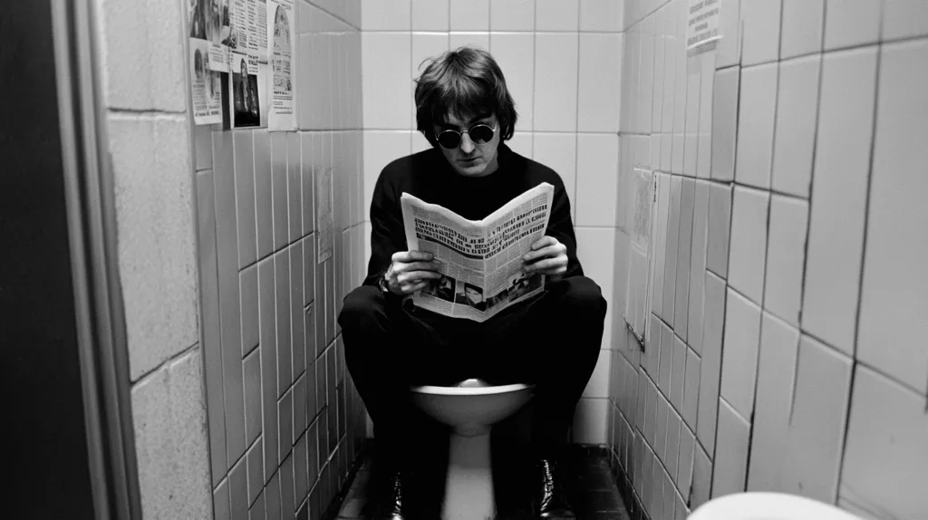 A man in a black suit and sunglasses sits on a toilet in a public bathroom, reading a newspaper. The bathroom has white tiled walls and the man is framed by the door. The image is black and white.