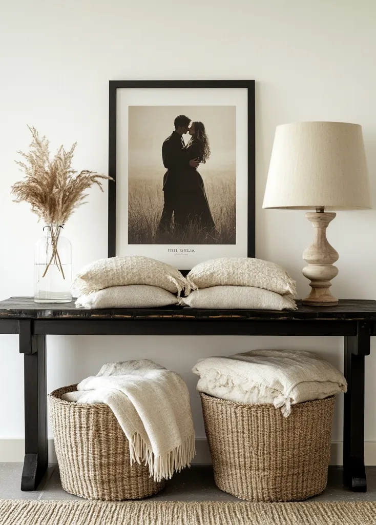 A black console table with a framed photo of a couple embracing in a field. The table is styled with two wicker baskets, each holding a white blanket, and a  lamp with a white linen shade. A vase with dried grass stands on the table, adding a touch of natural texture.