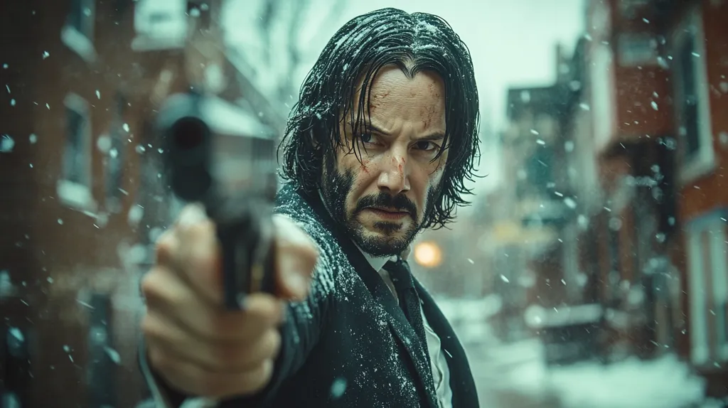 The image shows Keanu Reeves as John Wick in a scene from the John Wick movie franchise. He is seen in a snowy city street, holding a gun and looking directly at the viewer with a serious expression. His face is covered in snow, and he wears a black suit. The image is a close-up, highlighting John Wick's intensity and readiness for action.  The snow-covered background creates a sense of wintery coldness and mystery.