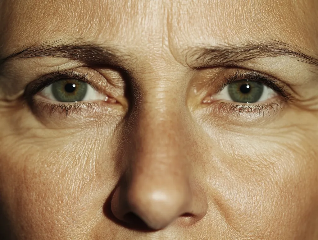 A close-up of a person's face, focusing on their right eye. The image highlights the natural texture of the skin, including wrinkles and lines, creating a sense of age and experience. The light catches the eye, emphasizing the green iris and long eyelashes. The person's expression is neutral, leaving the viewer to interpret their thoughts and emotions.