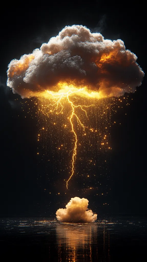 A single, large, fluffy cloud, illuminated from within by a bright golden lightning strike, hangs in a black sky. The lightning descends towards a small, wispy cloud below, creating a trail of golden sparks. The scene is reflected on a still body of water. The image suggests a powerful yet peaceful moment in nature.