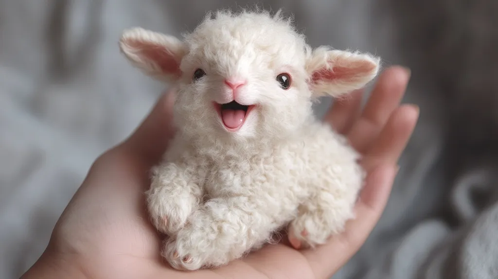 A small, fluffy white lamb with large, dark eyes sits in the palm of a person's hand. The lamb has a wide, open mouth, showing its tongue and revealing a happy expression. Its soft fur is thick and curly, and its ears are small and pink. The lamb looks up at the camera with a playful, innocent look. The background is blurred, drawing attention to the lamb.