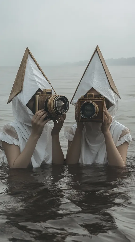 Two figures, wearing white robes shaped like triangular hats, are submerged in murky water. They both hold old, brass cameras to their eyes, capturing the misty scene before them. The water's surface is a dark expanse, broken only by the ripples created by the figures. The photograph creates a sense of mystery and intrigue, leaving the viewer to wonder about the identities of the figures and the purpose of their underwater photography.