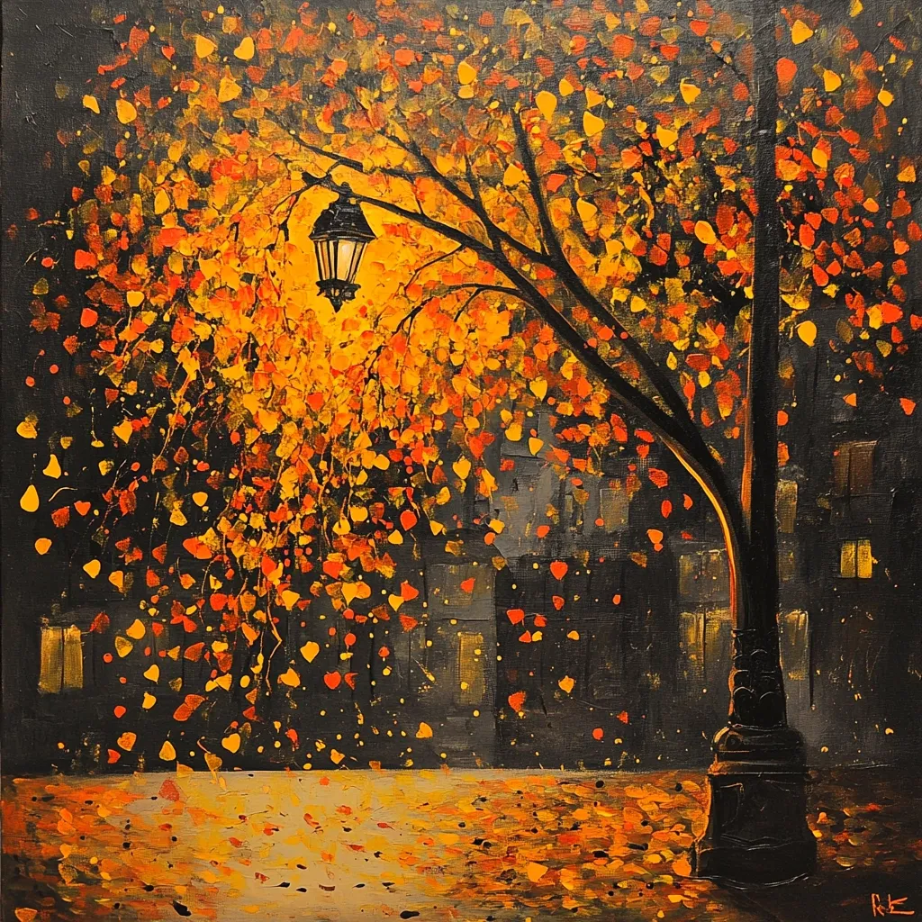 The painting depicts a street lamp in a park setting, with a tree casting a canopy of orange and yellow leaves. The street lamp casts a warm glow on the surrounding area, while the background features a row of buildings. The artist has captured the beauty of autumn foliage, with leaves scattered on the ground and floating in the air. The painting conveys a sense of tranquility and peacefulness, with the warm light contrasting with the cool, dark tones of the background.